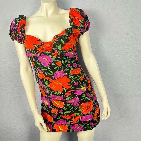 Zara Bodycon Ruched Off The Shoulder Floral Lined Mini Dress Large - Picture 1 of 6